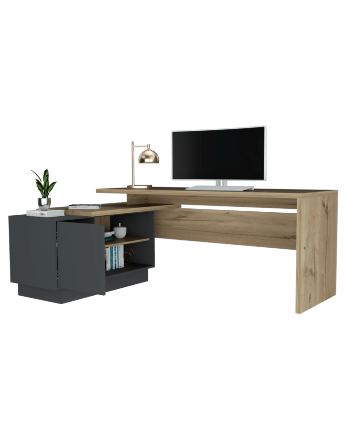 Escritorio L Taira, Café Claro y Plata Oscuro, con Amplia Superficie de Trabajo