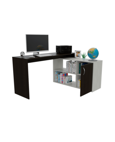 Escritorio En L Moscú, Wengue y Blanco Artiko, con Un Cajón y Dos Entrepaños