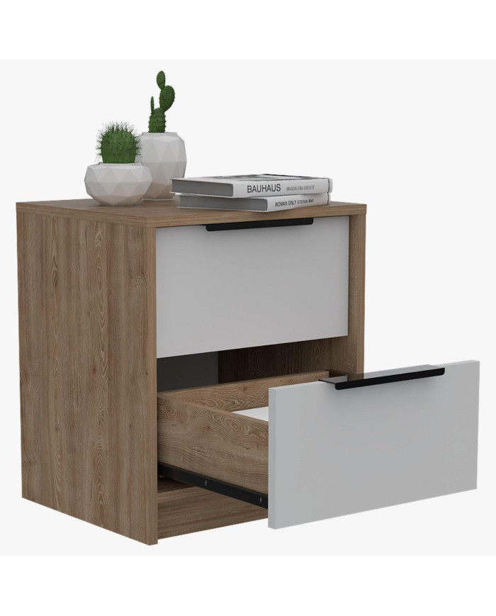 Mesa de Noche Wesley, Miel y Blanco, con Dos Cajones Organizadores