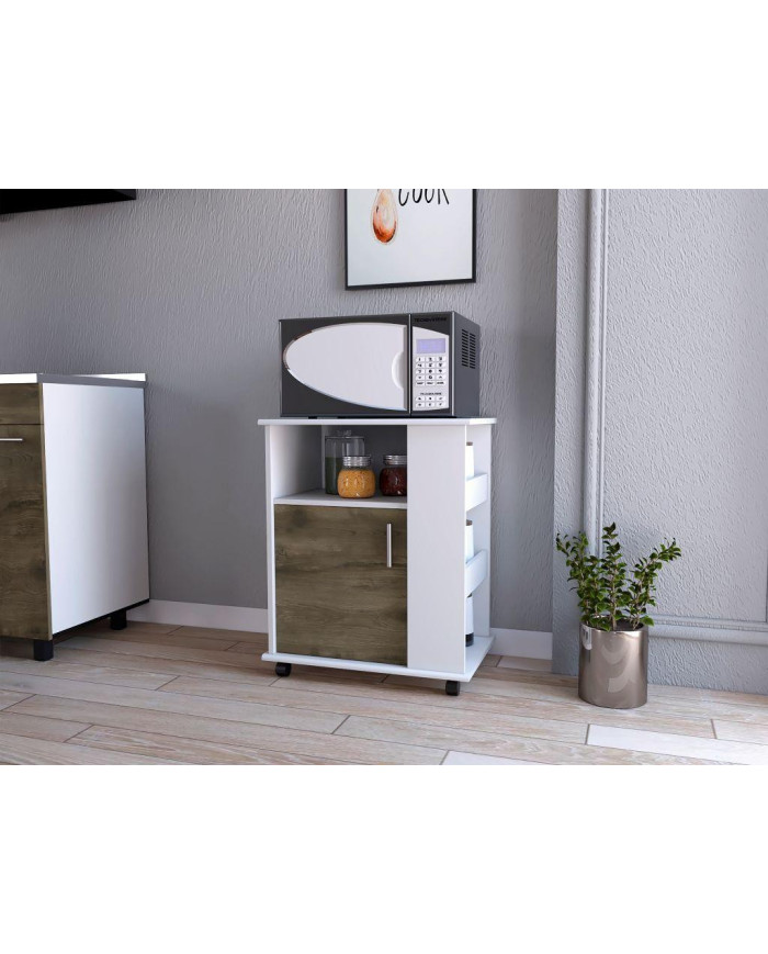 Módulo Microondas Tahara, Nogal y Blanco, con Rodachinas Plásticas y Amplio Espacio Para Almacenar Utensilios