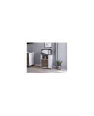 Módulo Microondas Tahara, Nogal y Blanco, con Rodachinas Plásticas y Amplio Espacio Para Almacenar Utensilios