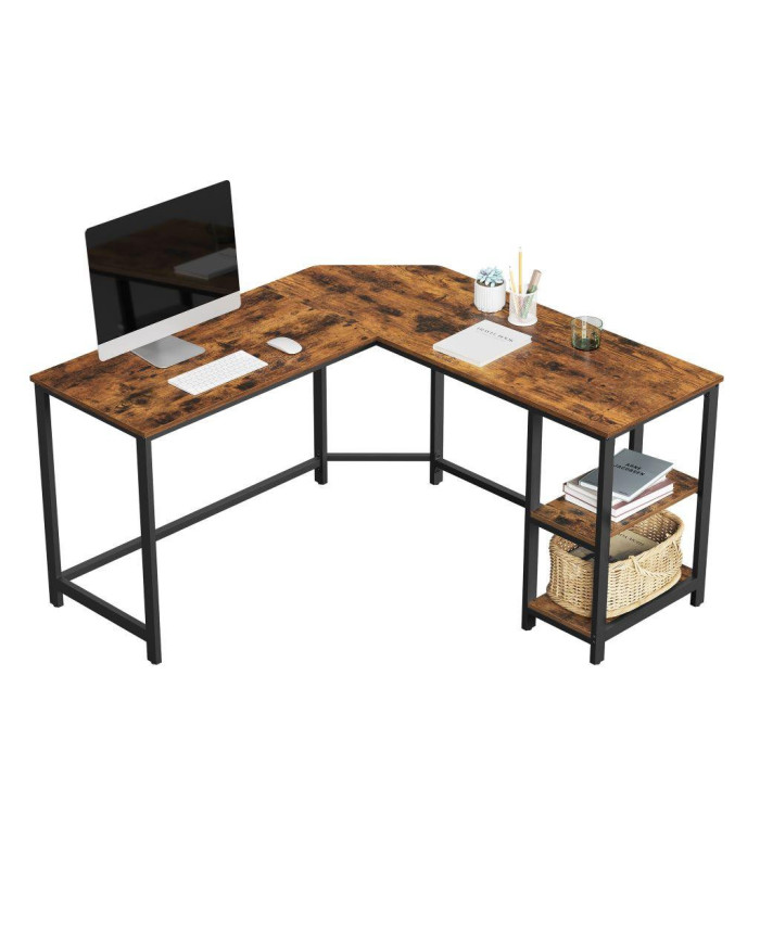 Escritorio En L Desky, Café Claro Rústico y Negro, con Dos Entrepaños
