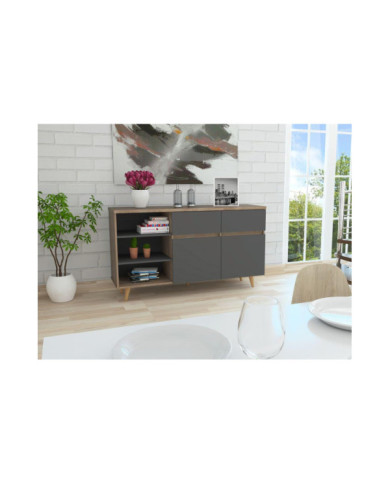 Mesa Auxiliar Nashira, Miel y Plata Oscuro, con Dos Cajones y Dos Puertas Batientes