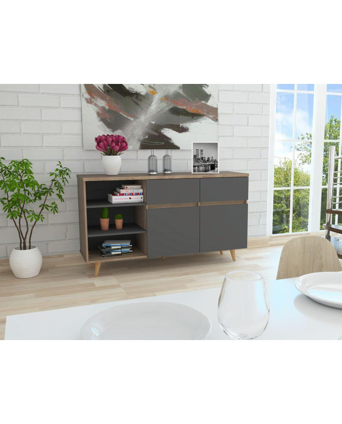 Mesa Auxiliar Nashira, Miel y Plata Oscuro, con Dos Cajones y Dos Puertas Batientes