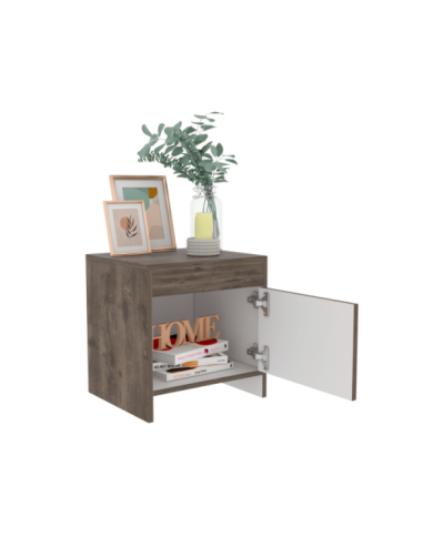 Mesa de Noche Tutto, Nogal y Blanco, con Cajón Para Guardar Objetos Ideal Para Espacios Reducidos