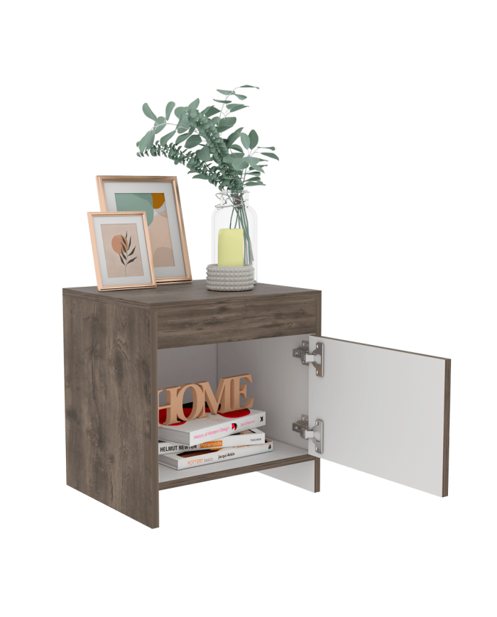 Mesa de Noche Tutto, Nogal y Blanco, con Cajón Para Guardar Objetos Ideal Para Espacios Reducidos