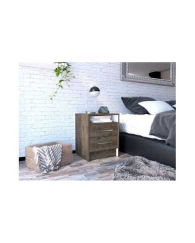 Mesa de Noche Douglas, Nogal y Blanco, con Un Entrepaño Superior y Dos Cajones Organizadores