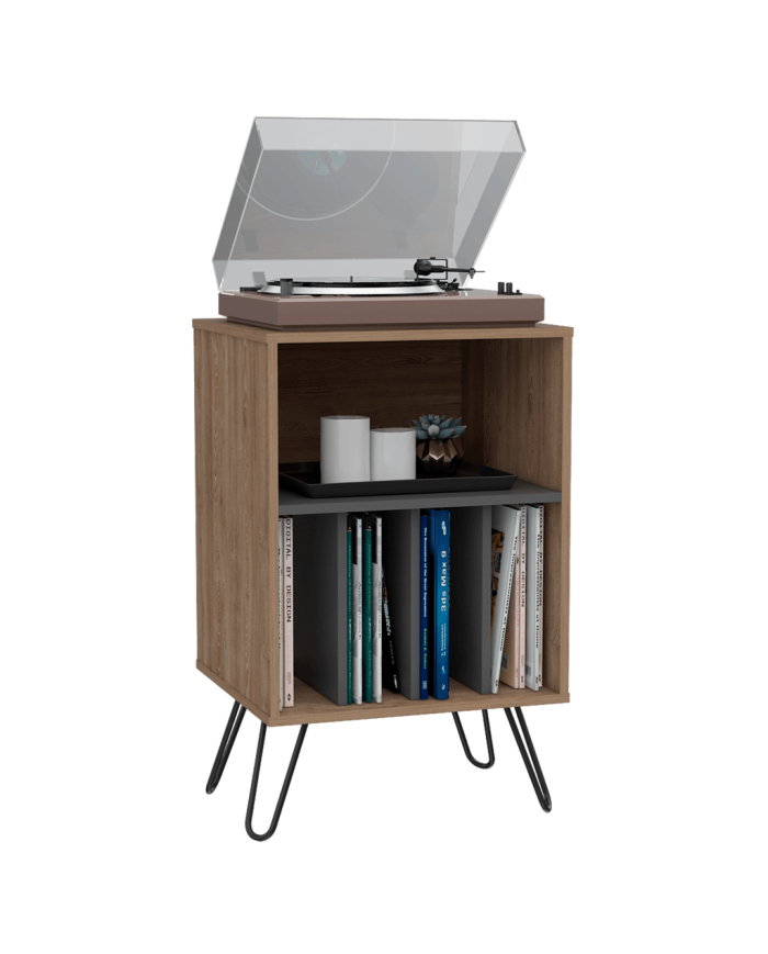 Mueble Auxiliar Lara, Miel y Plata Oscuro, con Patas En Acero y Espacio Para Objetos Decorativos