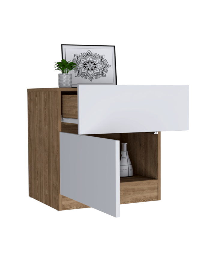 Mesa de Noche Nebrask, Miel y Blanco Duqueza, con Un Cajón Organizador