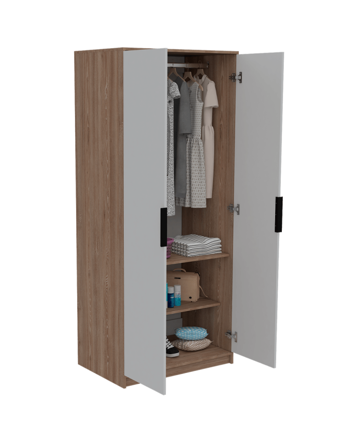 Closet Wesley, Miel y Blanco, con Un Tubo Cromado y Dos Puertas Batientes