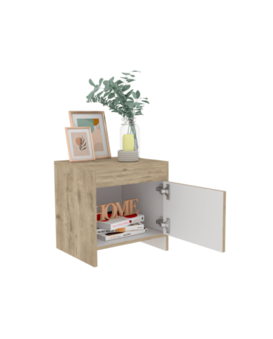 Mesa de Noche Tutto, Macadamia y Blanco, con Cajón Para Guardar Objetos Ideal Para Espacios Reducidos