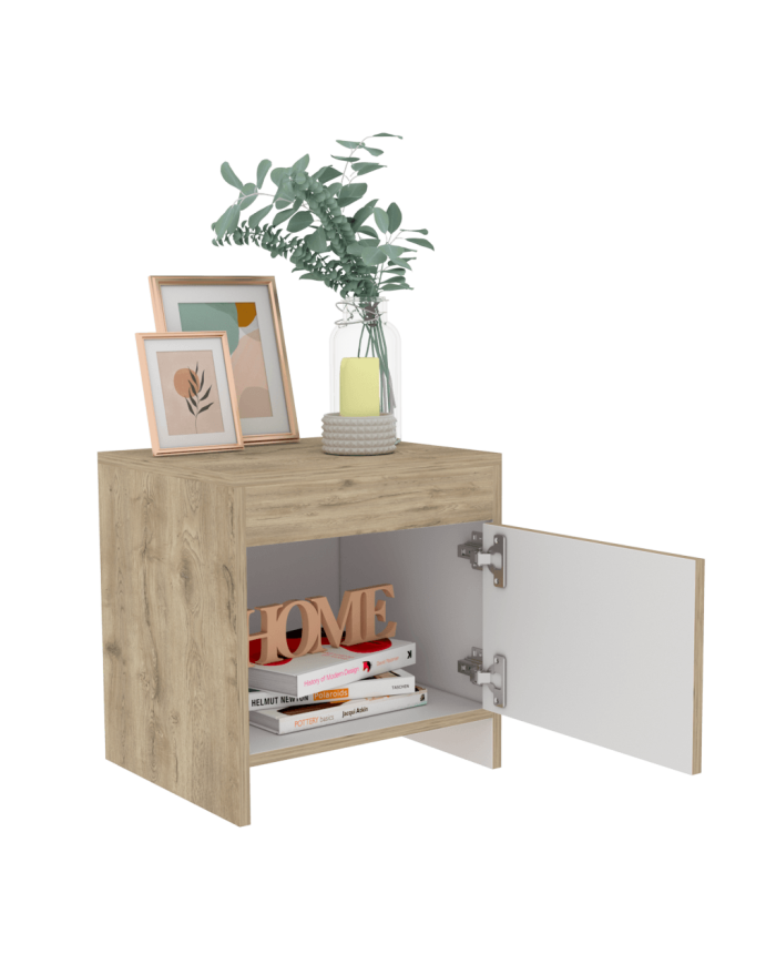 Mesa de Noche Tutto, Macadamia y Blanco, con Cajón Para Guardar Objetos Ideal Para Espacios Reducidos