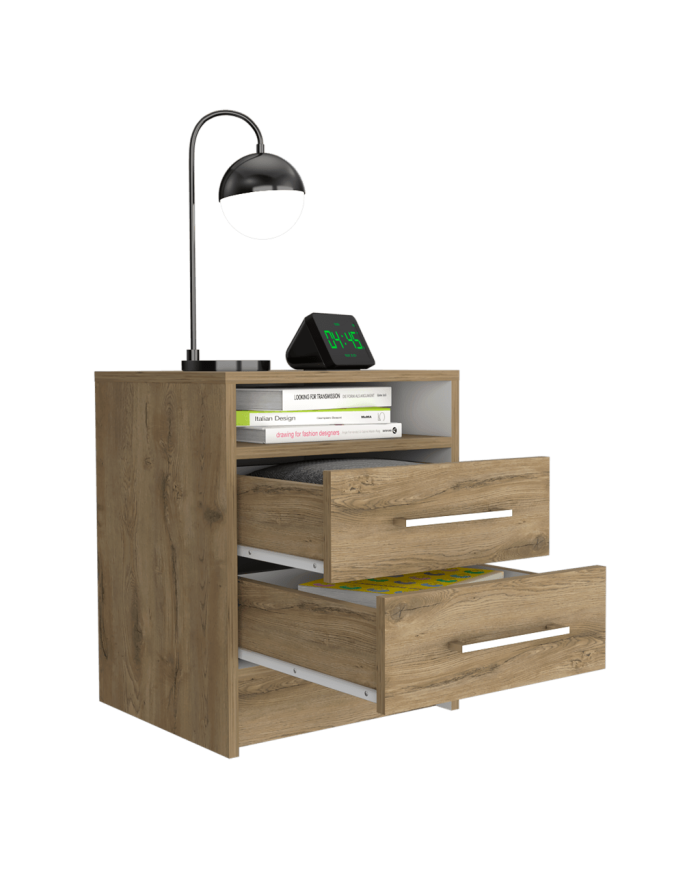 Mesa de Noche Douglas, Macadamia y Blanco, con Un Entrepaño Superior y Dos Cajones Organizadores