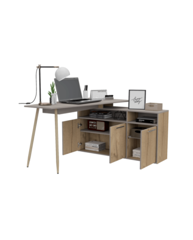 Escritorio En L Yeko, Café Claro y Cocoa, con Tres Puertas Batientes y Patas de Madera