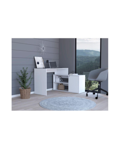 Escritorio En L Wuhan, Blanco, con Múltiples Entrepaños Para Ubicar Objetos y Una Puerta Abatible Cop