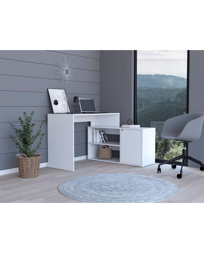 Escritorio En L Wuhan, Blanco, con Múltiples Entrepaños Para Ubicar Objetos y Una Puerta Abatible Cop
