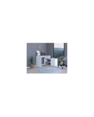 Escritorio En L Wuhan, Blanco, con Múltiples Entrepaños Para Ubicar Objetos y Una Puerta Abatible Cop