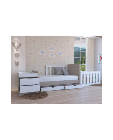 Cama Corral Praga, Humo y Blanco, con Dos Cajones Multiusos y Barandas de Seguridad