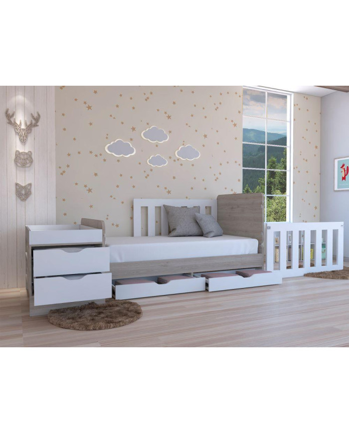 Cama Corral Praga, Humo y Blanco, con Dos Cajones Multiusos y Barandas de Seguridad