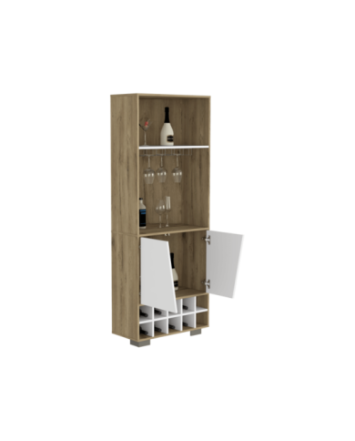 Bar Esquinero Orus, Macadamia y  Blanco, con Espacio Para Botellas y Porta Copas Hc