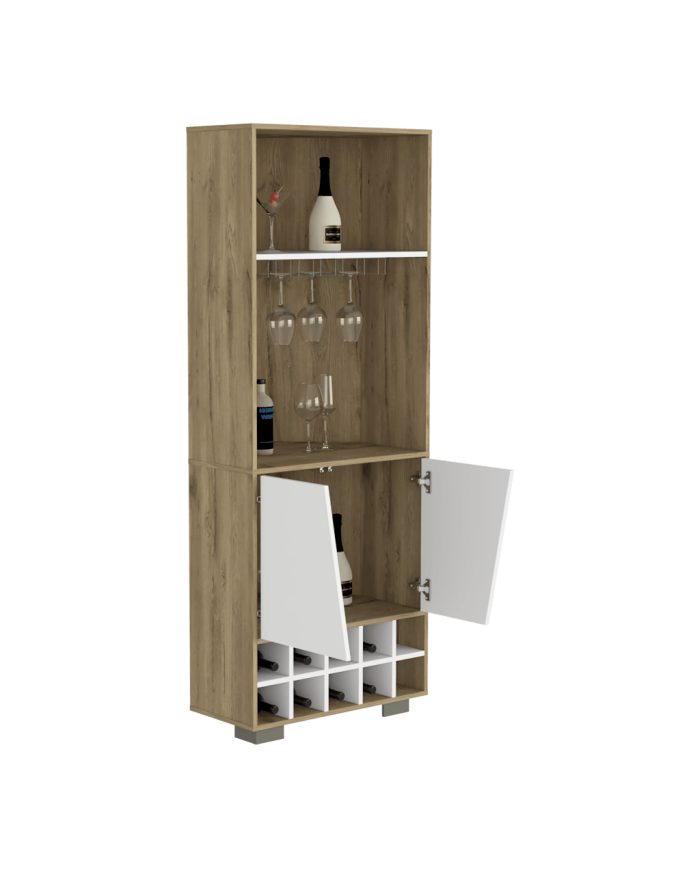 Bar Esquinero Orus, Macadamia y  Blanco, con Espacio Para Botellas y Porta Copas Hc