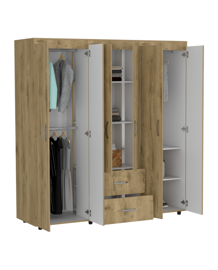 Closet Bariloche Bombay, Macadamia y Blanco, Variedad de Entrepaños y Seis Puertas Abatibles