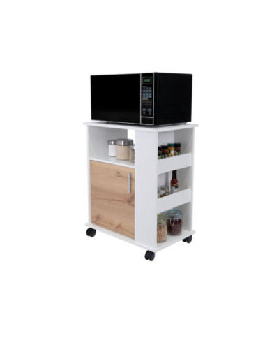 Módulo Microondas Tahara, Café Claro y Blanco, con Rodachinas Plásticas y Amplio Espacio Para Almacenar