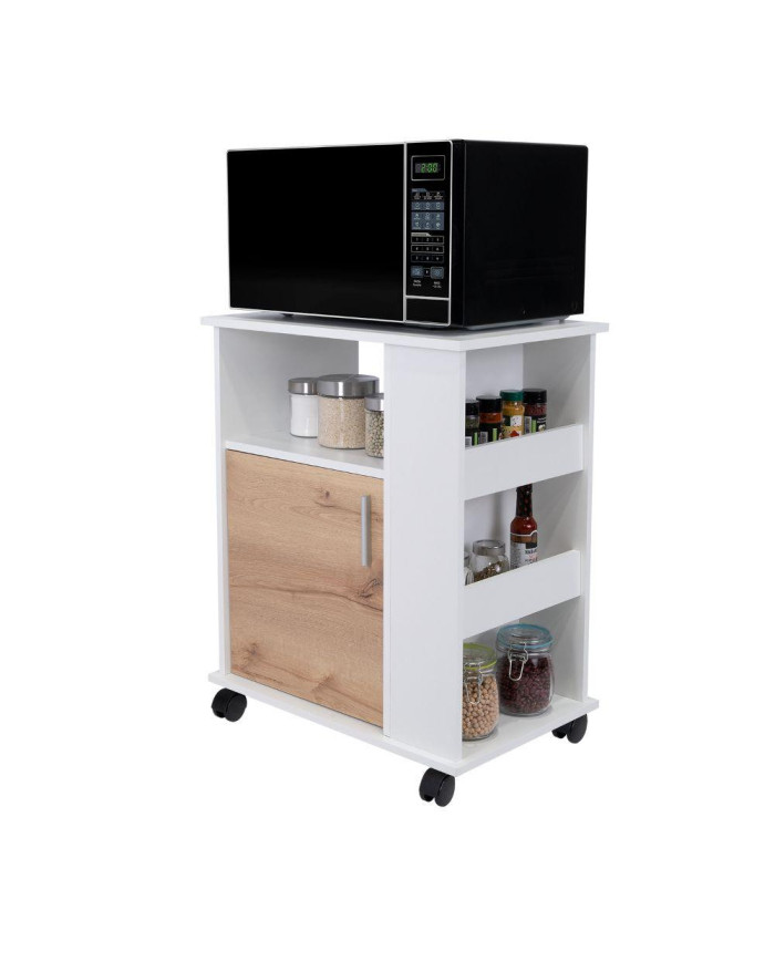 Módulo Microondas Tahara, Café Claro y Blanco, con Rodachinas Plásticas y Amplio Espacio Para Almacenar