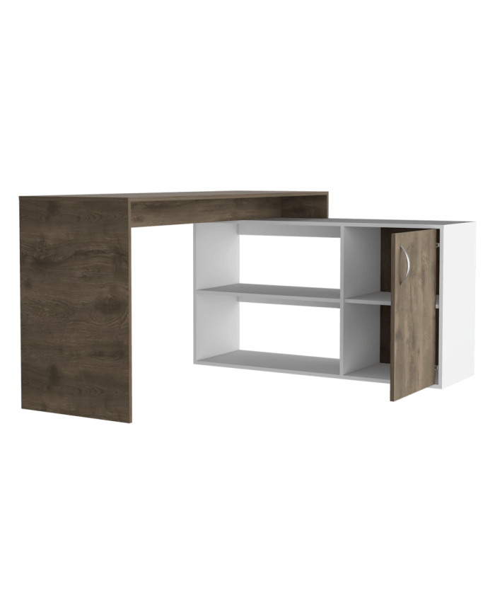 Escritorio En L Moscú, Nogal y Blanco, con Un Cajón y Dos Entrepaños