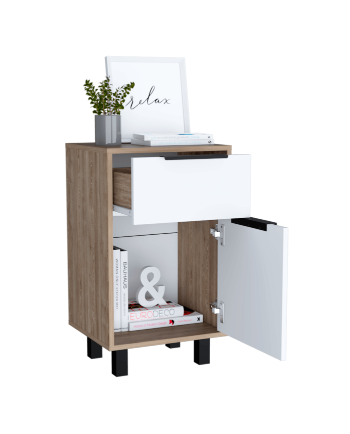 Mesa de Noche Wesley, Miel y Blanco, con Una Puerta y Un Cajón Organizador