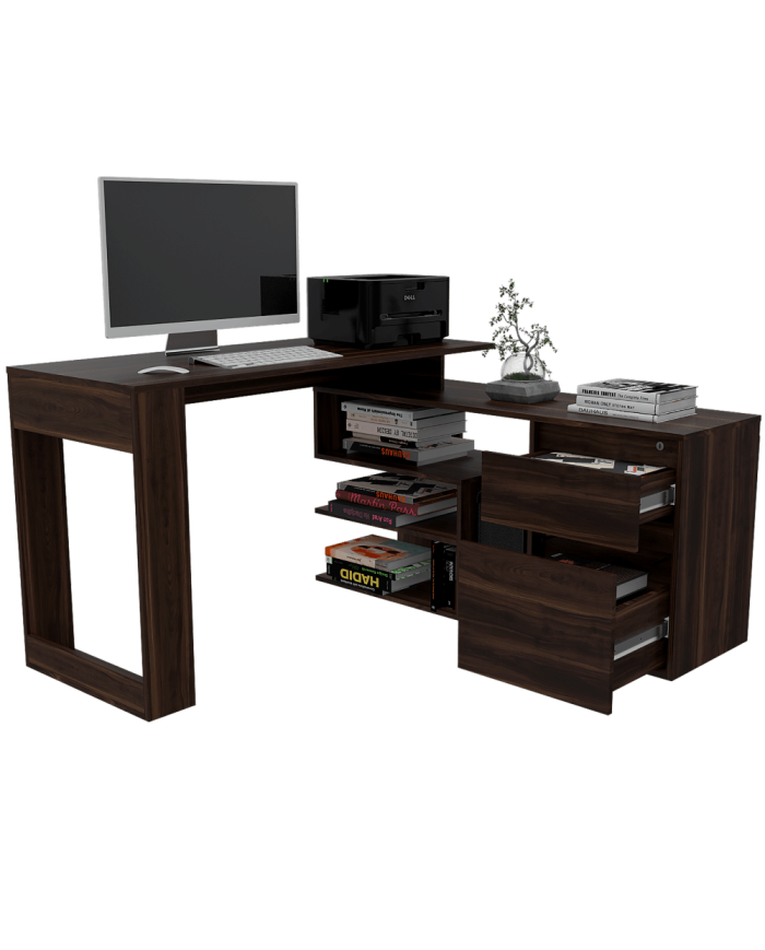 Escritorio En L Alteza, Caoba, con Dos Cajones Organizadores