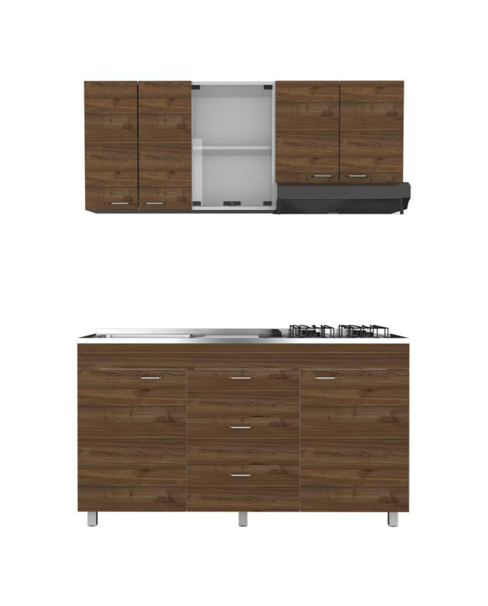 Cocina Integral Laurel, Castaño y Blanco, Incluye Mesón Izquierdo En Acero Inoxidable y Campana