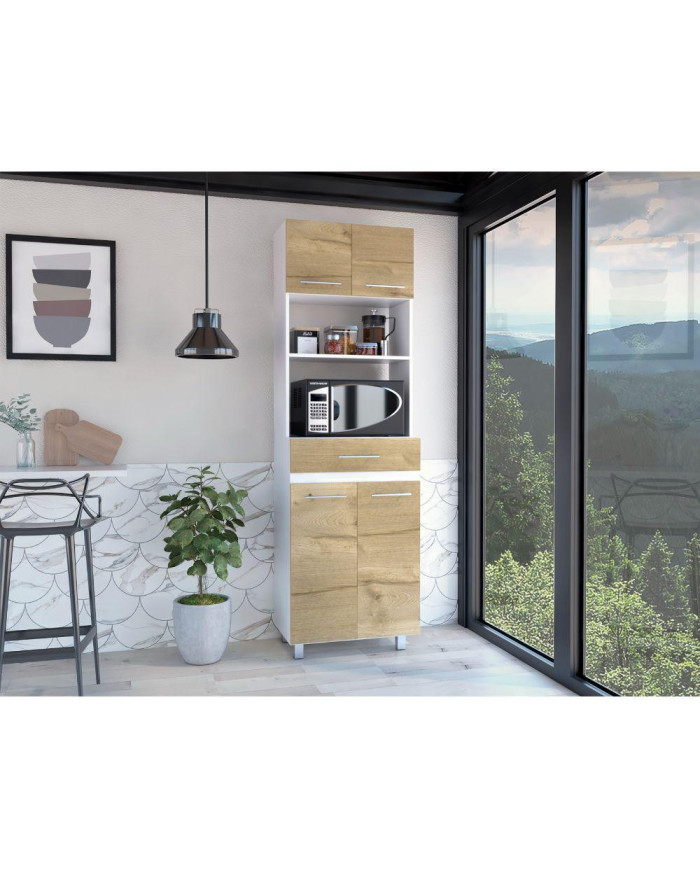 Módulo Microondas Prada, Café Claro y Blanco, con Rodachinas y Variedad de Entrepaños Fld