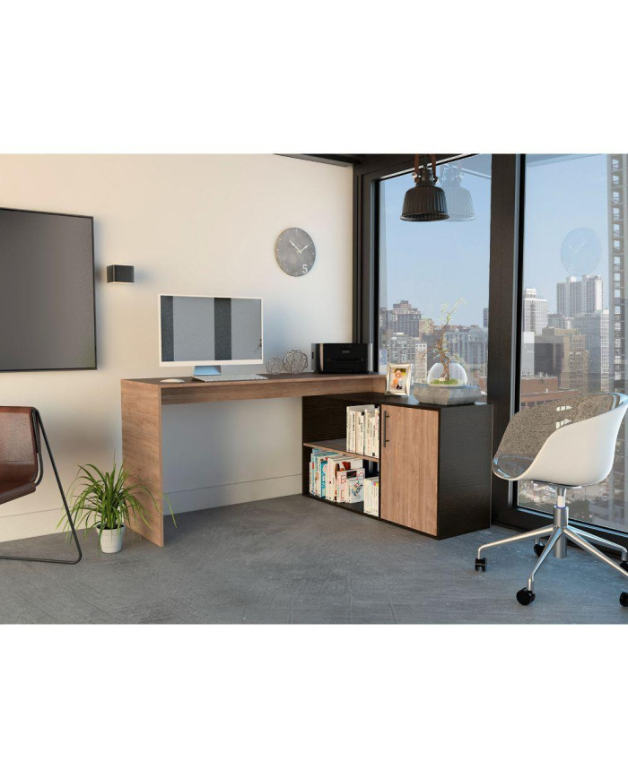 Escritorio En L Moscú, Miel y Wengue, con Un Cajón y Dos Entrepaños