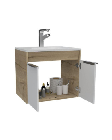 Mueble Lavamanos Burco, Café Claro y Blanco, con Espacio Para Ubicar Objetos de Aseo, Incluye Lavamanos Ud