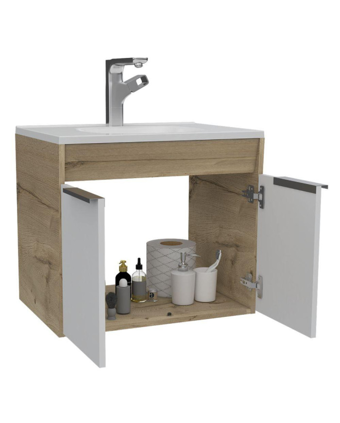 Mueble Lavamanos Burco, Café Claro y Blanco, con Espacio Para Ubicar Objetos de Aseo, Incluye Lavamanos Ud