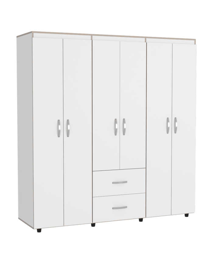 Closet Bariloche Bombay, Blanco Hueso y Café Claro, Variedad de Entrepaños, Seis Puertas Abatibles y Canto Cuero