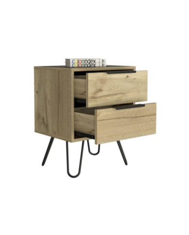 Mesa de Noche Concept, Café Claro y Wengue, con Dos Cajones Organizadores y Patas Metálicas