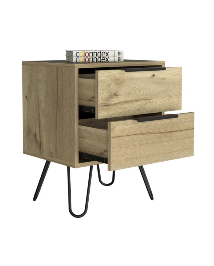 Mesa de Noche Concept, Café Claro y Wengue, con Dos Cajones Organizadores y Patas Metálicas