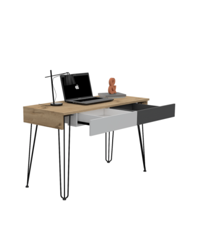 Escritorio Morcy, Café Claro, Blanco y Plata Oscuro, con Dos Cajones