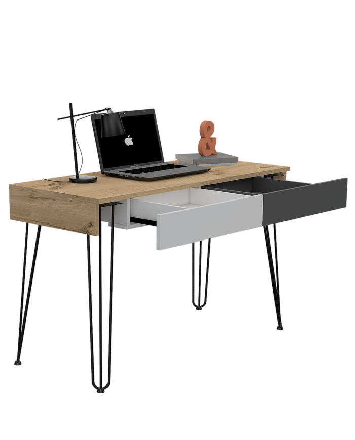 Escritorio Morcy, Café Claro, Blanco y Plata Oscuro, con Dos Cajones