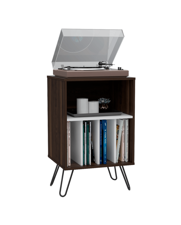 Mueble Auxiliar Lara, Caoba y Blanco, con Patas En Acero y Espacio Para Objetos Decorativos