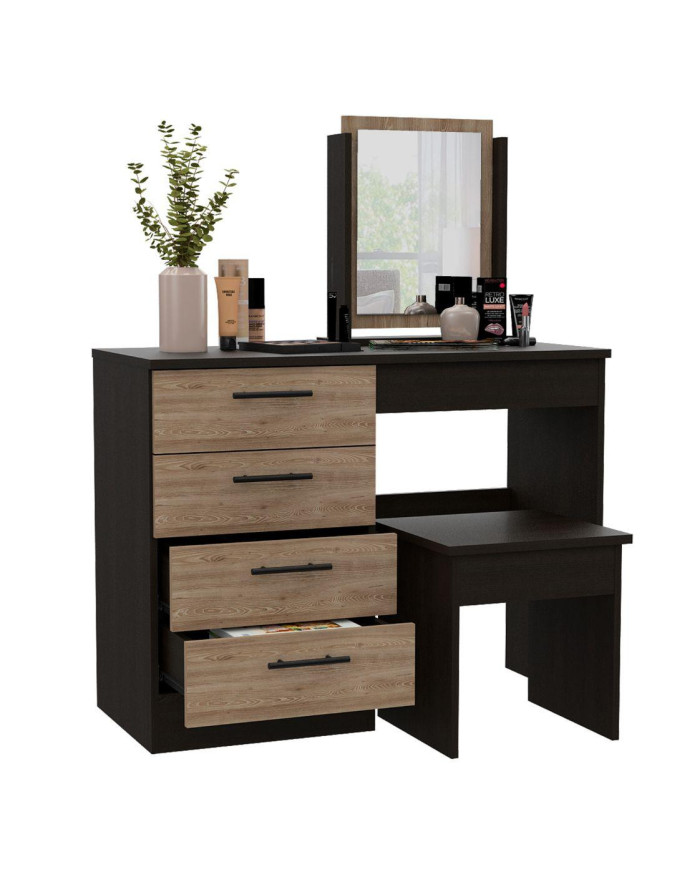Mueble Tocador Wesley, Wengue y Miel, con Cuatro Cajones Para Ubicar Maquillaje