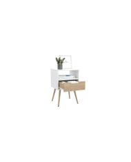 Mesa de Noche Alesio, Blanco Perla y Macadamia, con Patas de Madera y Un Cajón