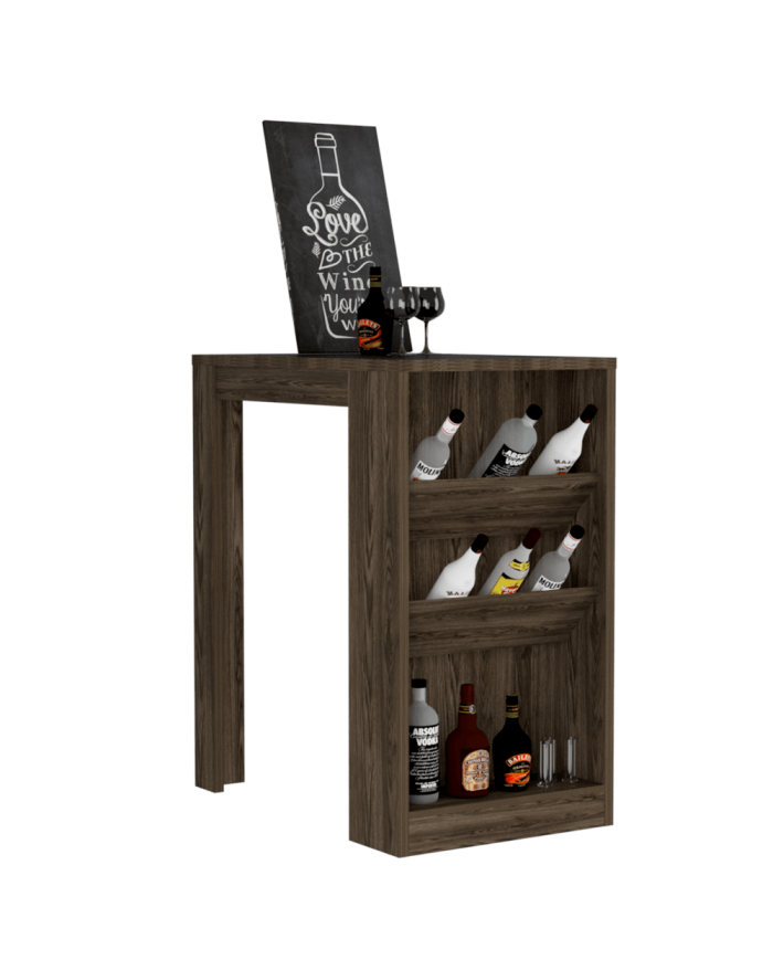 Mesa de Bar Celeste, Chocolate, con Tres Estantes para Botellas