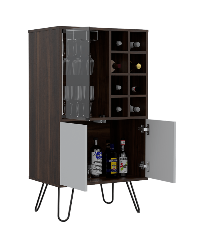 Bar Lara, Caoba y Blanco Perla, con dos Puertas y Amplio espacio para Almacenamiento.