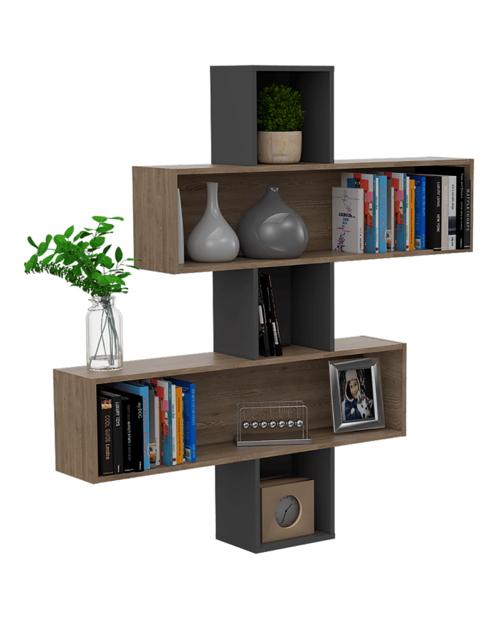 Repisa Frello, Miel y Plata Oscuro, con Múltiples Entrepaños Para Ubicar Objetos