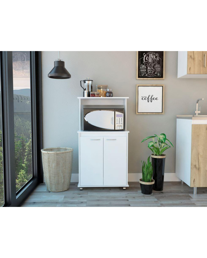 Módulo Microondas Palma, Blanco con puertas abatibles y rodachinas para su fácil desplazamiento