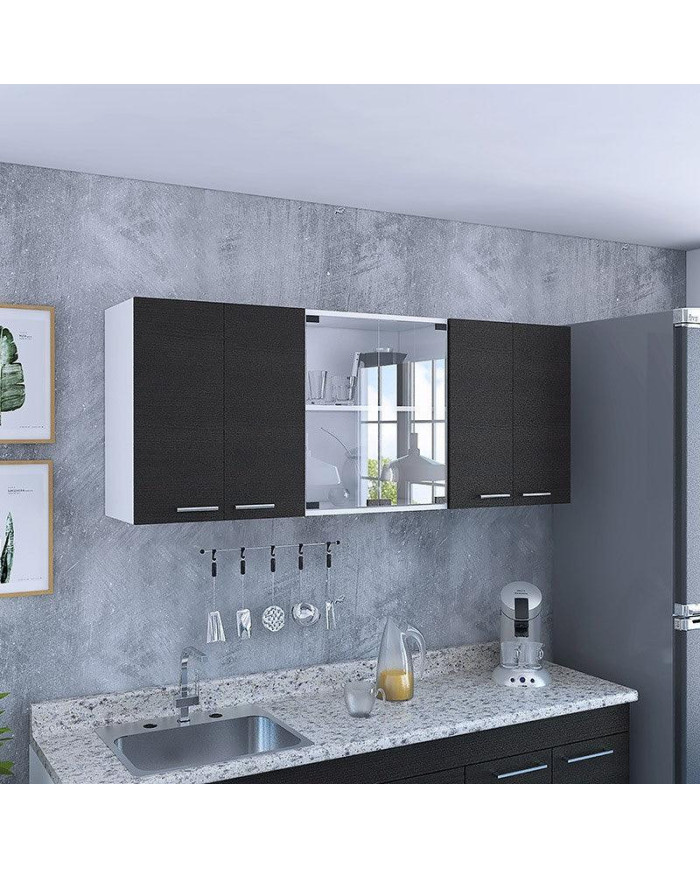 Gabinete Superior Vega, Blanco y Wengue, incluye entrepaño móvil central y dos puertas de vidrio