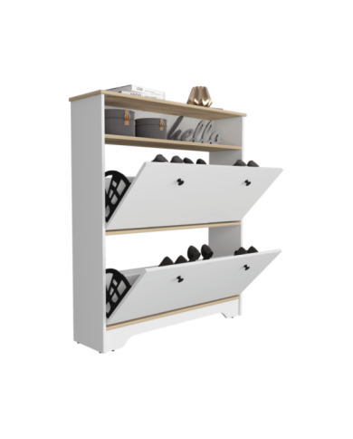 Zapatero Merlín, Café Claro y Blanco Vainilla, con Dos Puertas Abatibles con Manijas Metálicas